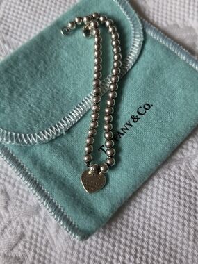 Tiffany & Co. Silver Bead Bracelet with Heart Tag on Blue Pouch